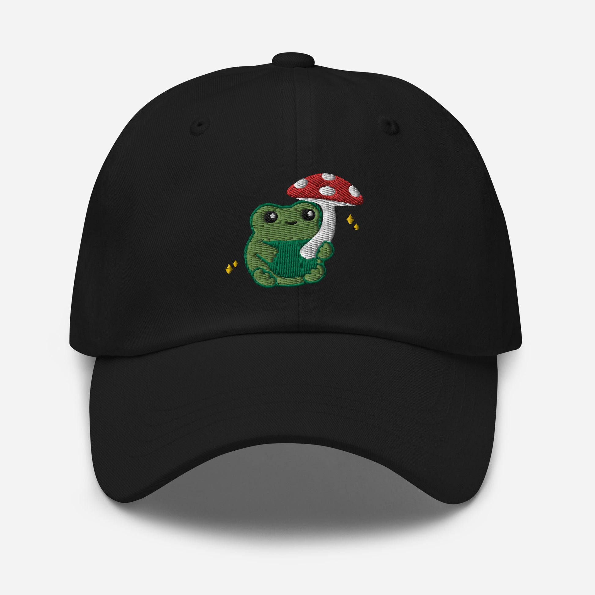 Embroidered Mushroom Frog Baseball Hat: Black