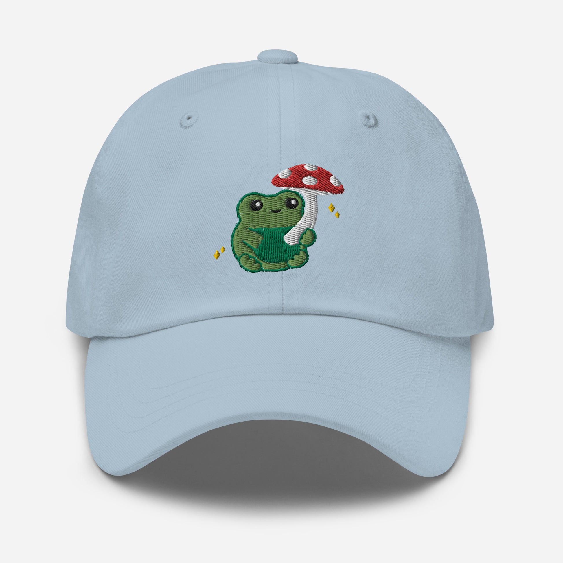 Embroidered Mushroom Frog Baseball Hat: Light Blue