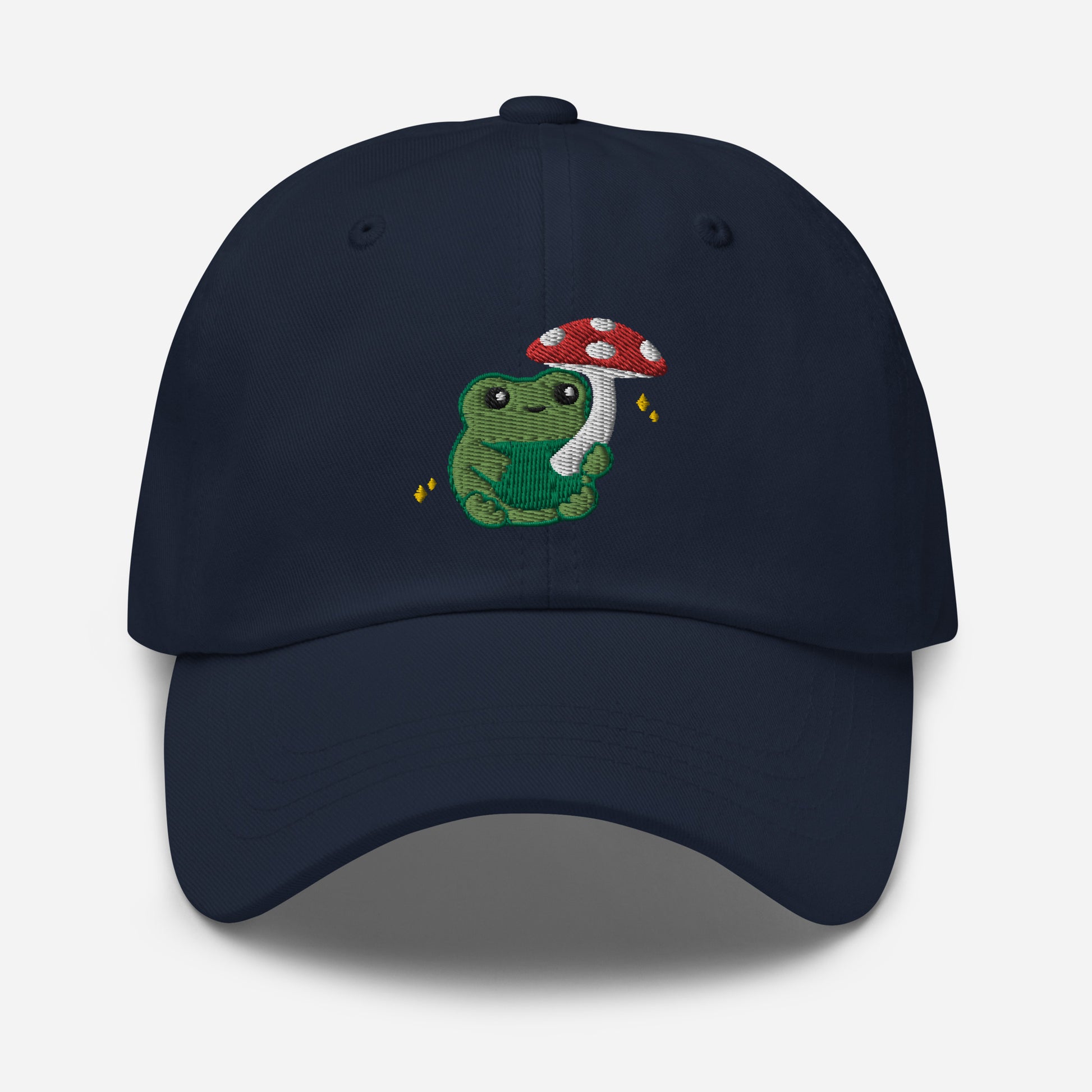 Embroidered Mushroom Frog Baseball Hat: Navy