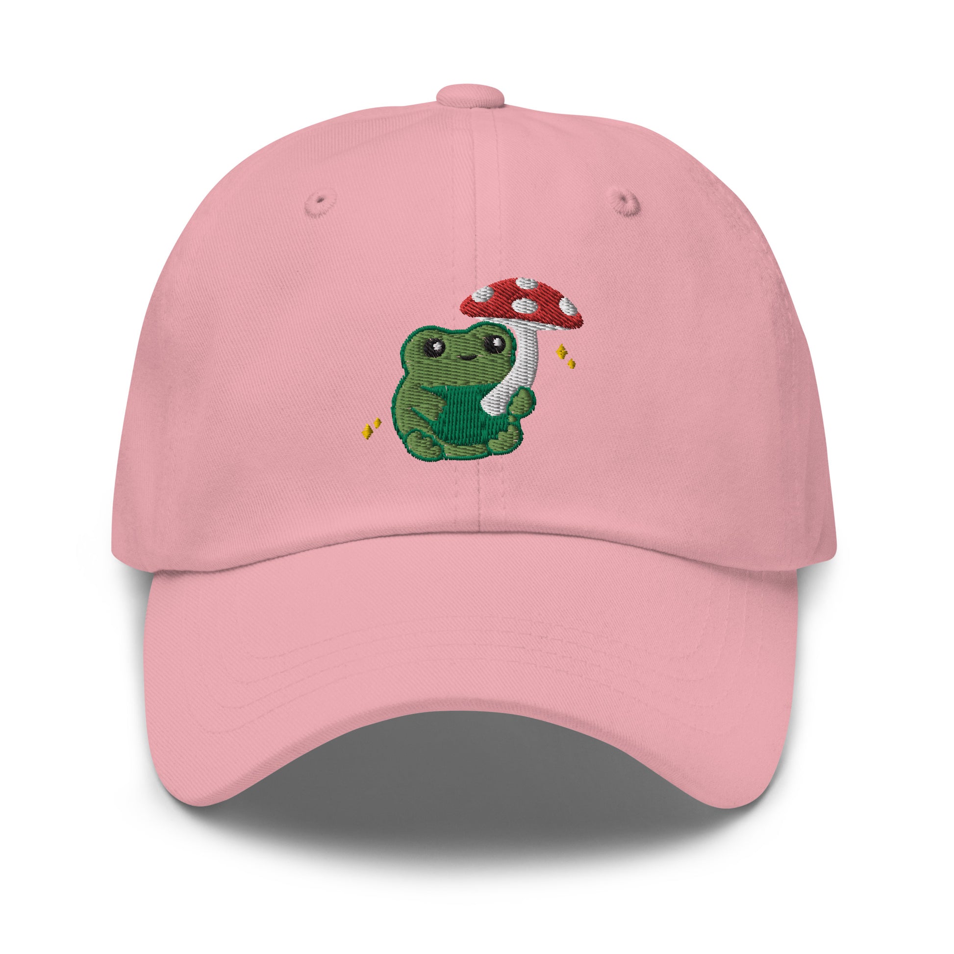 Embroidered Mushroom Frog Baseball Hat: Pink