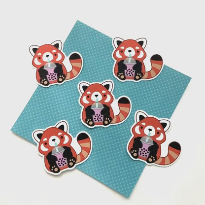 Red Panda Drinking Bubble Tea Vinyl Sticker. Boba Tumbler Water Bottle Decal