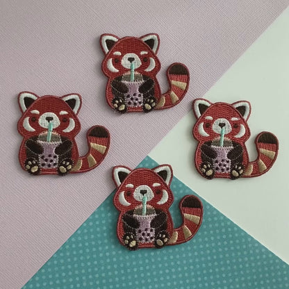 Bubble Tea Red Panda Embroidered Iron-On Patch