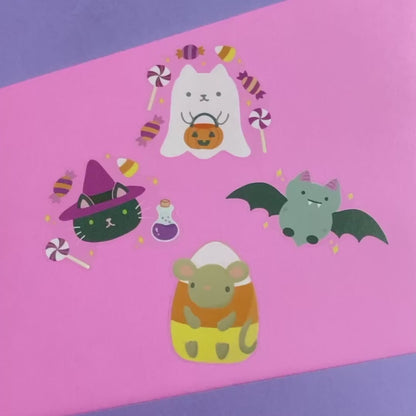 Halloween Clear Vinyl Sticker Set - Witch Cat, Cute Bat, Ghost Cat, Candy Corn Mouse Stickers