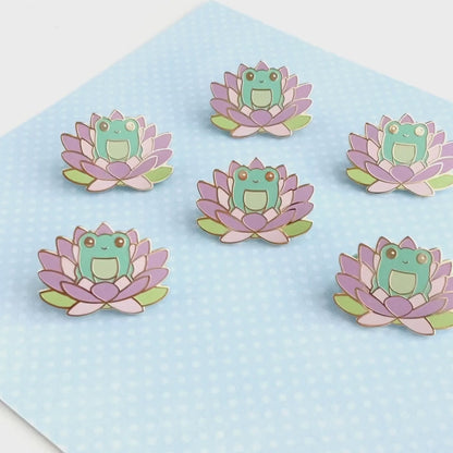 Pink Lotus Flower Frog Pin - Hard Enamel Pin - Cute Frog Gift