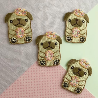 Donut Pug Embroidered Patch. Dog Iron-On Patch