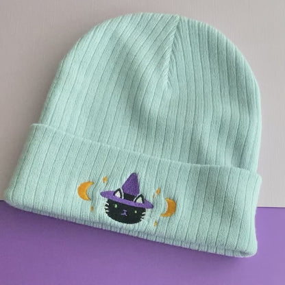 Black Cat Witch Ribbed Knit Beanie. Halloween Embroidered Beanie