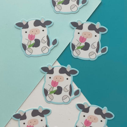 Cow Holding Tulip Vinyl Sticker