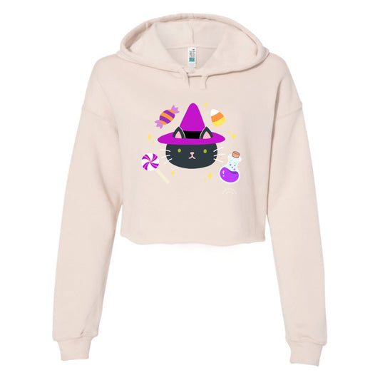 Witchy Cat Halloween Women's Crop Hoodie: XS / Pale Pink