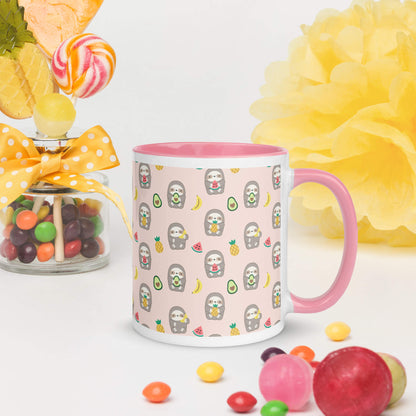 Pink Ceramic Mug with Fruit Sloths - Banana, Watermelon, Pineapple, Avocado
