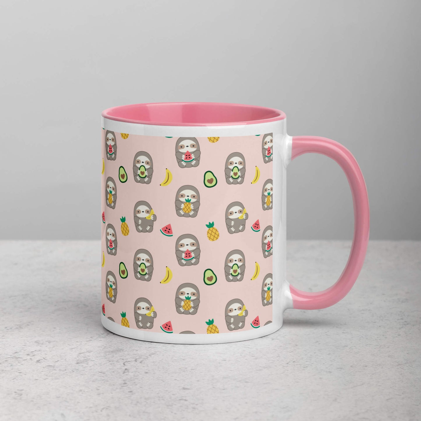 Pink Ceramic Mug with Fruit Sloths - Banana, Watermelon, Pineapple, Avocado