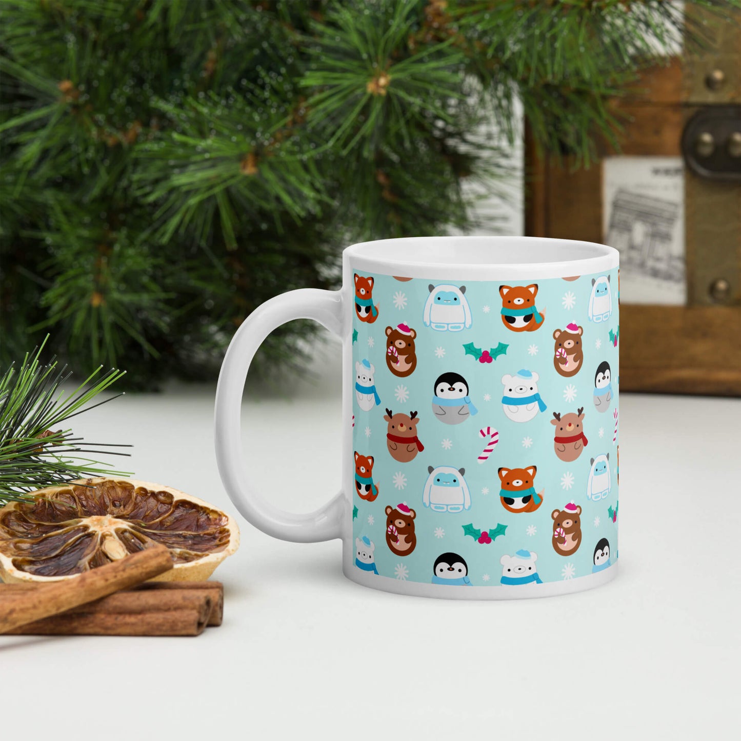 Blue Christmas Mug with Foxes, Bears, Reindeer, Penguins and Yetis: 11oz