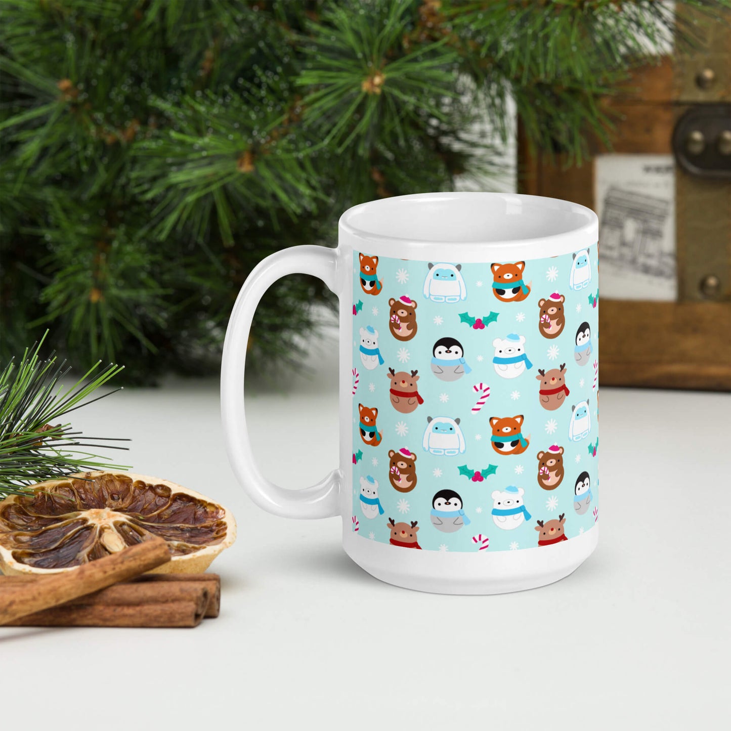 Blue Christmas Mug with Foxes, Bears, Reindeer, Penguins and Yetis: 15oz