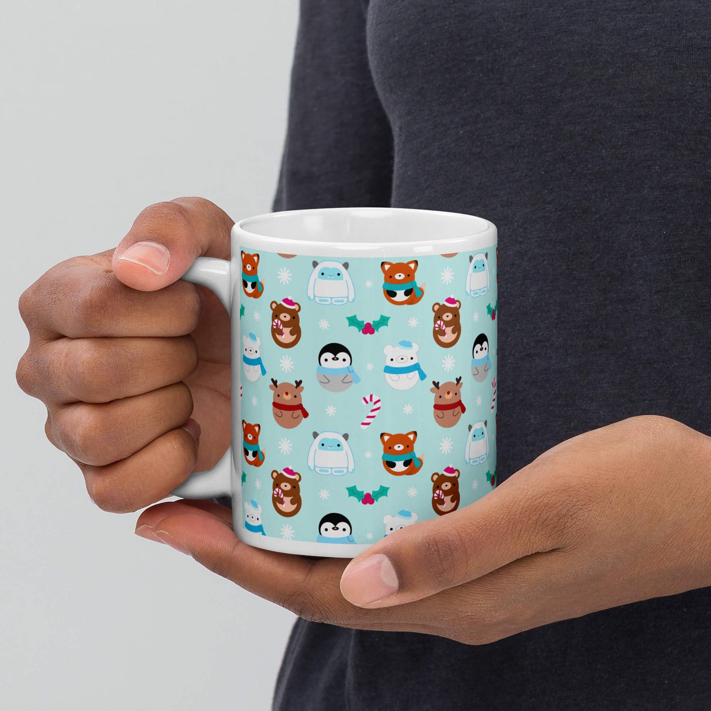 Blue Christmas Mug with Foxes, Bears, Reindeer, Penguins and Yetis