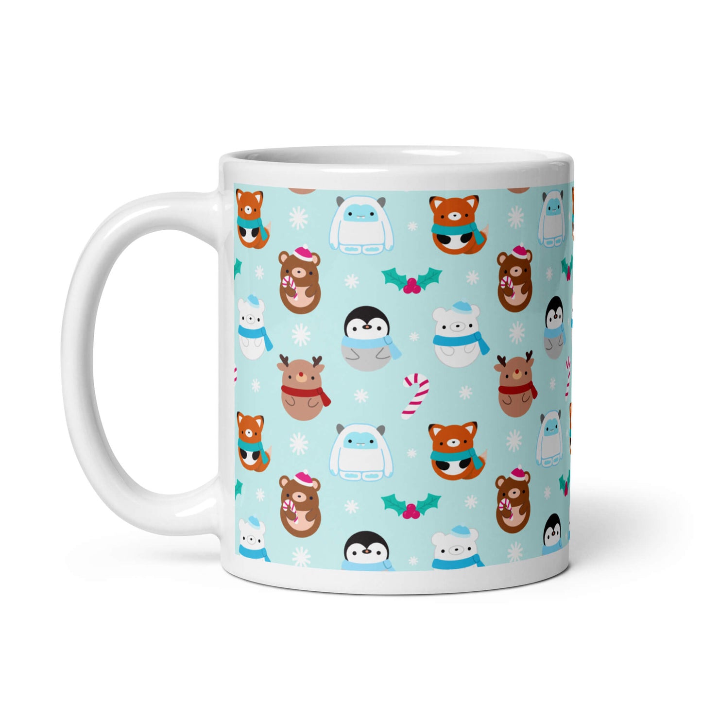 Blue Christmas Mug with Foxes, Bears, Reindeer, Penguins and Yetis