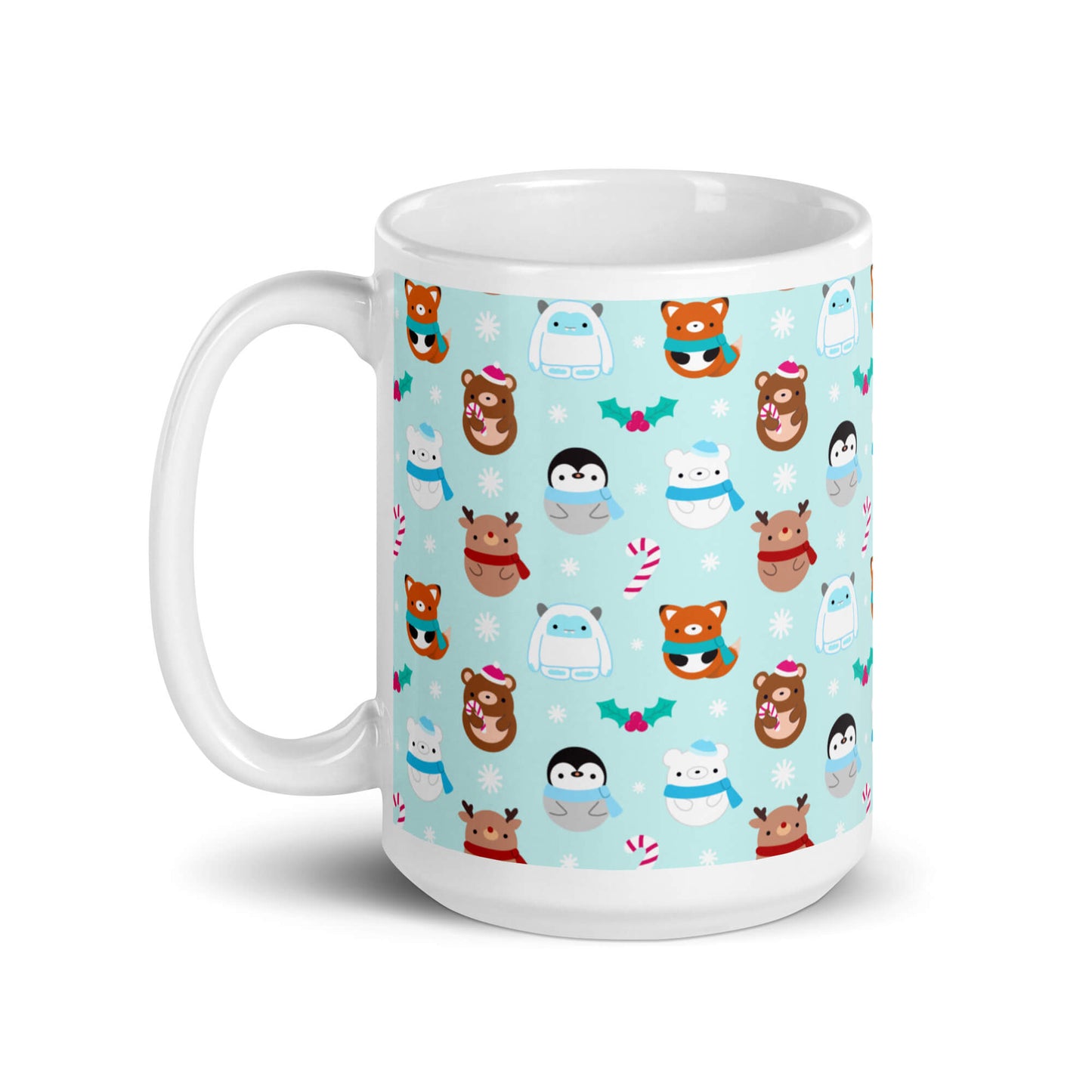 Blue Christmas Mug with Foxes, Bears, Reindeer, Penguins and Yetis