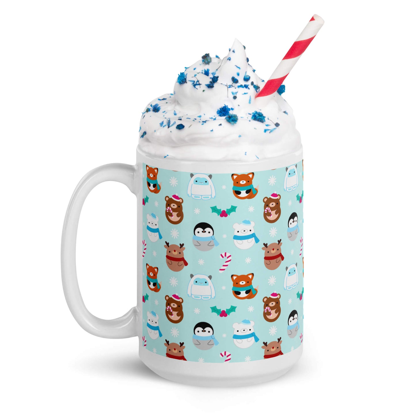 Blue Christmas Mug with Foxes, Bears, Reindeer, Penguins and Yetis