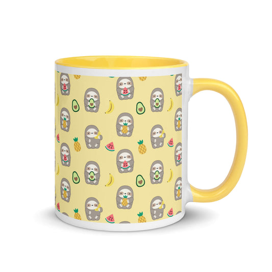 Yellow Ceramic Mug with Fruit Sloths - Banana, Watermelon, Pineapple, Avocado