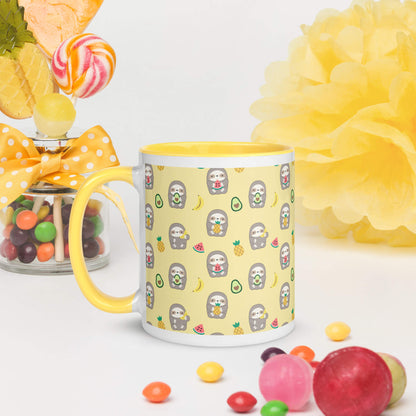 Yellow Ceramic Mug with Fruit Sloths - Banana, Watermelon, Pineapple, Avocado