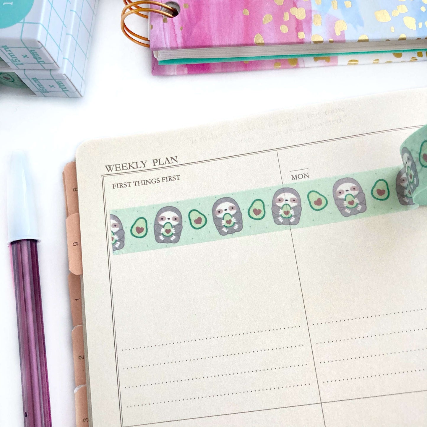 Avocado Sloth Washi Tape - Cute Sloth Stationery - Sloth Planner Tape