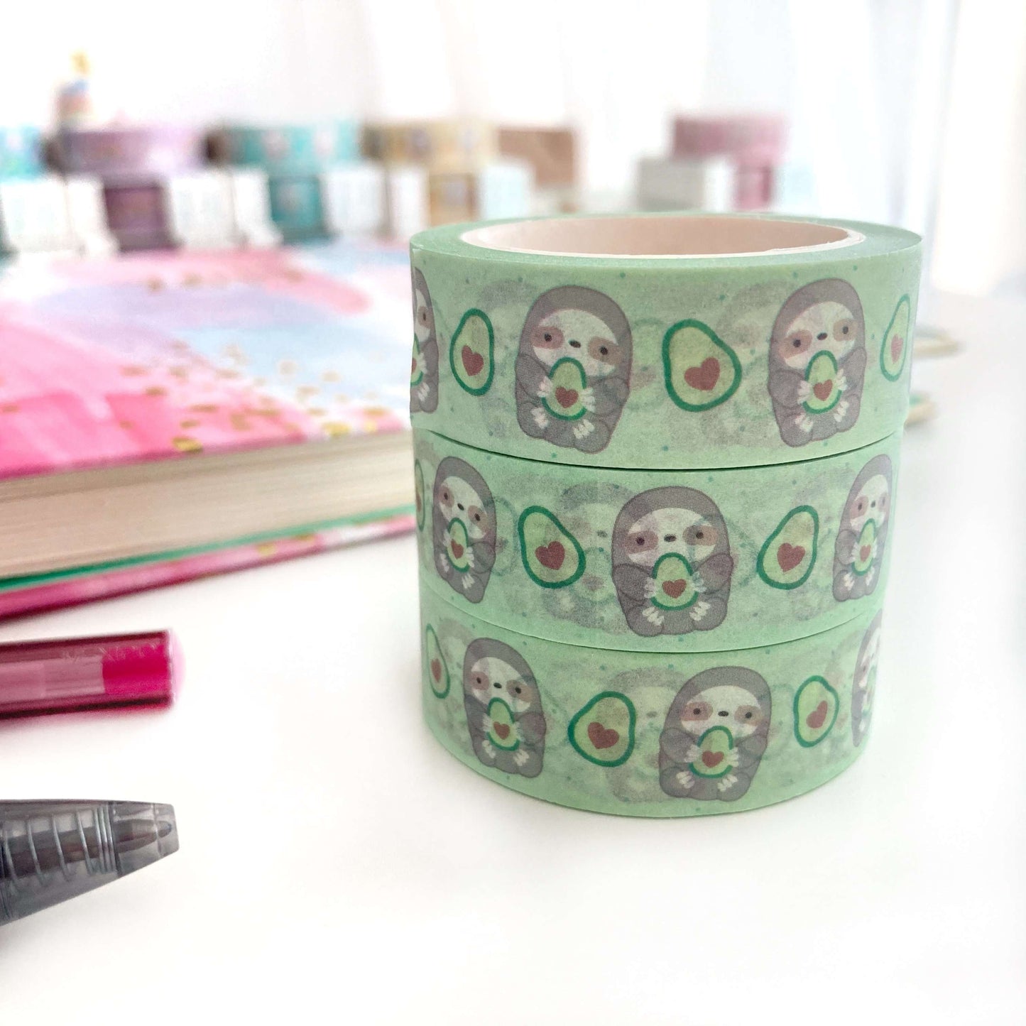 Avocado Sloth Washi Tape - Cute Sloth Stationery - Sloth Planner Tape