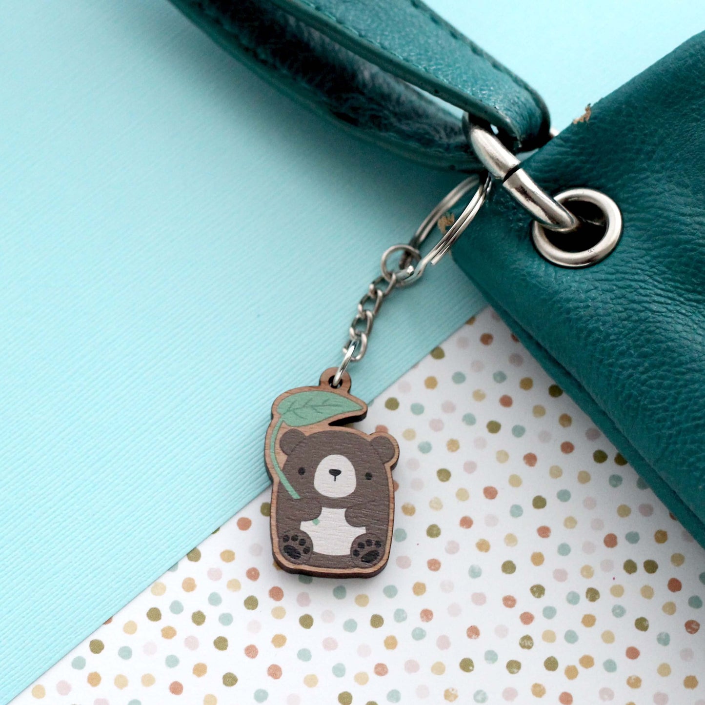 Brown Bear w/ Leaf Umbrella Wooden Keychain - Cute Wood Charm - Eco-Friendly Gift