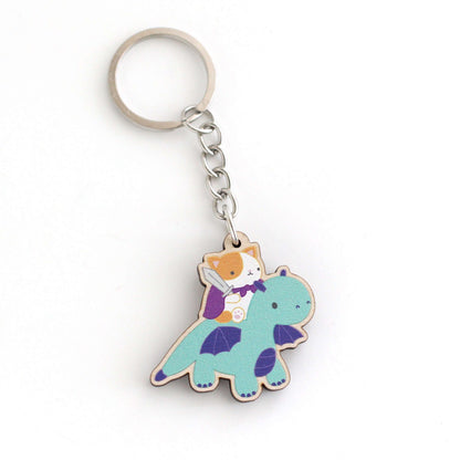 Cat and Dragon Knight Wooden Keychain - Sustainable Gift - Cat Keychain