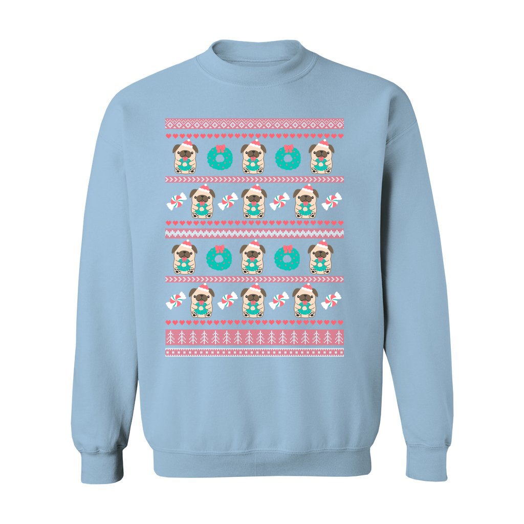 Holiday Pug Christmas Sweatshirt: S / Light Blue