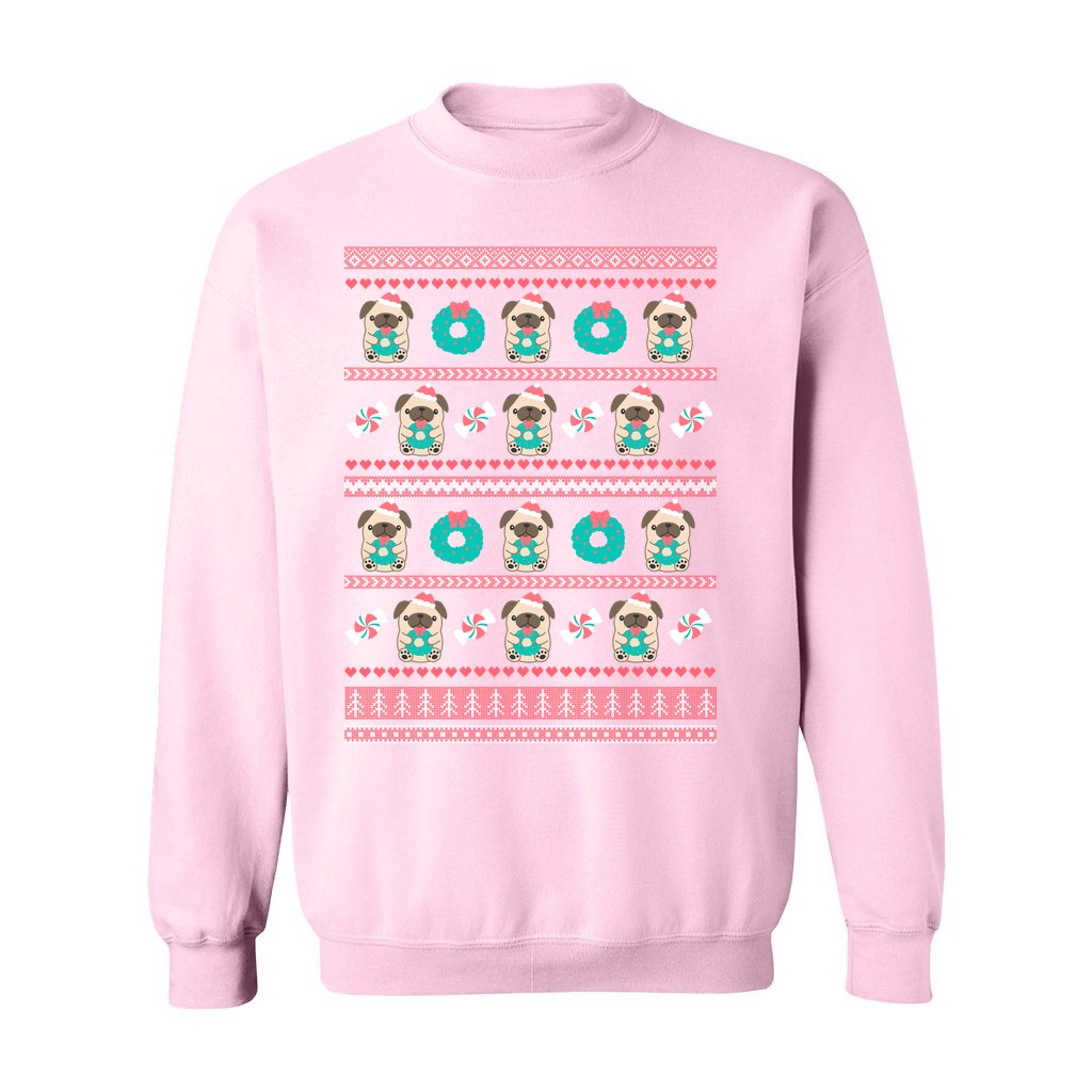 Holiday Pug Christmas Sweatshirt: S / Light Pink