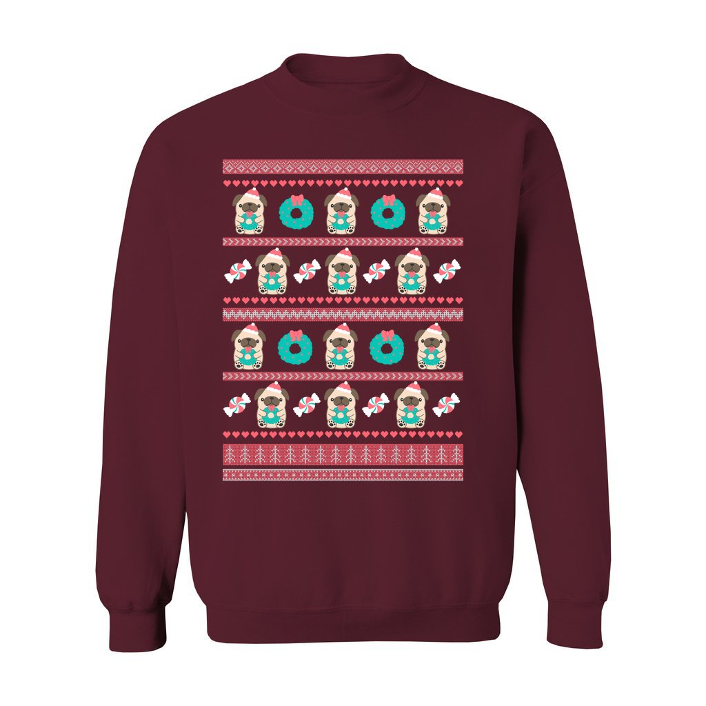 Holiday Pug Christmas Sweatshirt: S / Maroon