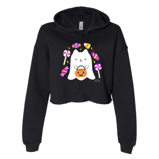Ghost Cat Halloween Women's Crop Hoodie: XS / Black
