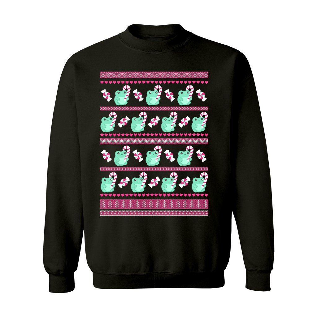 Candy Cane Frog Christmas Sweatshirt: S / Black