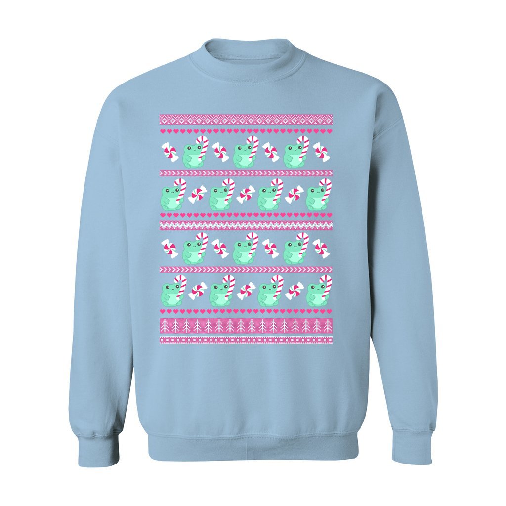 Candy Cane Frog Christmas Sweatshirt: S / Light Blue