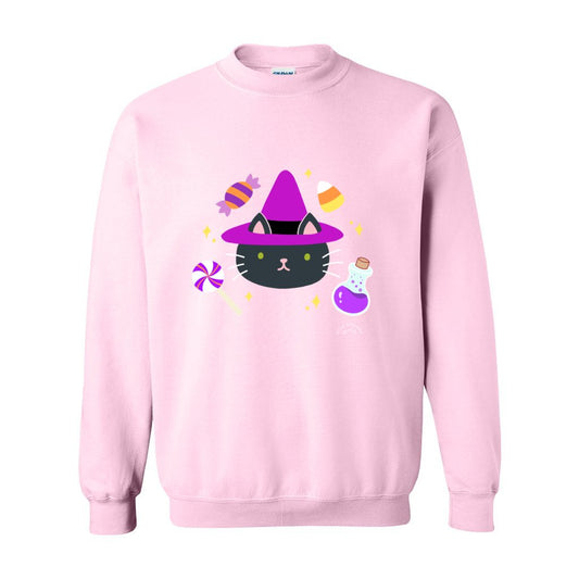 Witchy Cat Halloween Sweatshirt: S / Light Pink