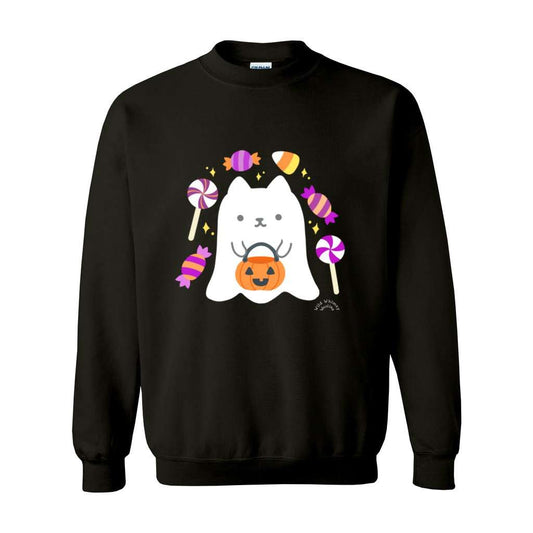 Ghost Cat Halloween Sweatshirt: S / Black