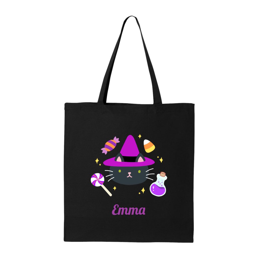 Personalized Cat Witch Halloween Trick or Treat Tote Bag: Black