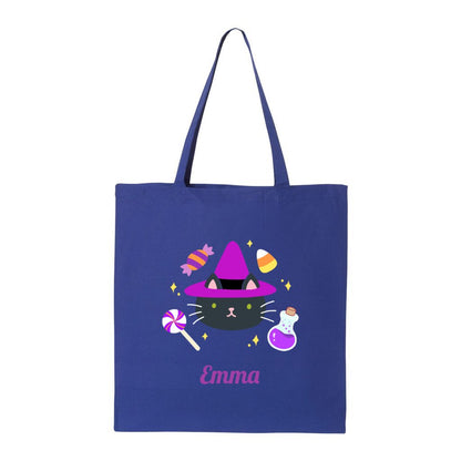Personalized Cat Witch Halloween Trick or Treat Tote Bag: Royal Blue