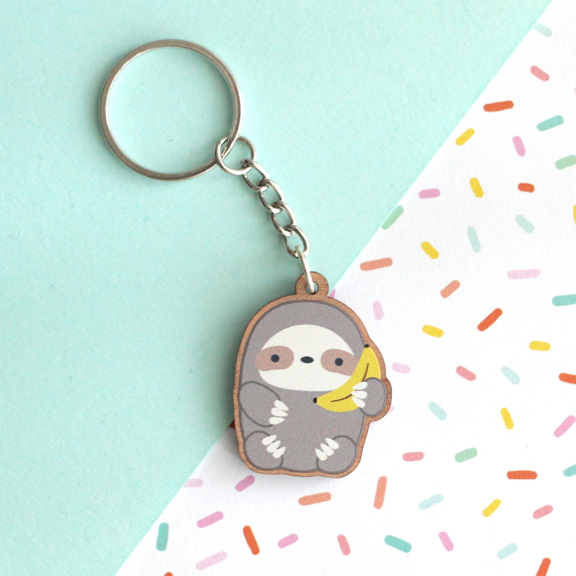 Banana Sloth Wooden Keychain - Cute Wood Charm - Eco-Friendly Gift by Wild Whimsy Woolies