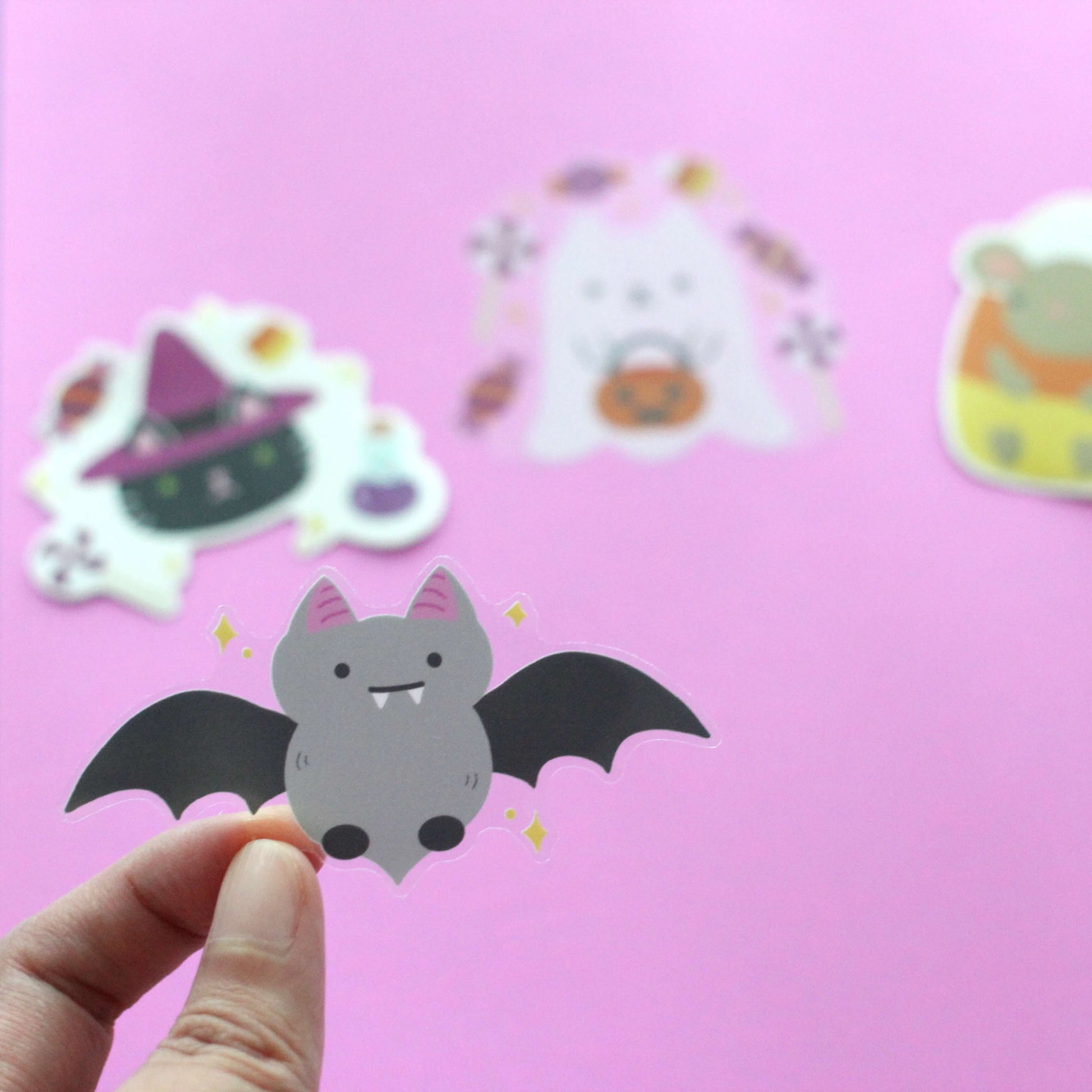 Halloween Clear Vinyl Sticker Set - Witch Cat, Cute Bat, Ghost Cat, Candy Corn Mouse Stickers