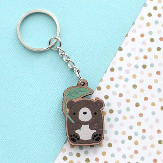 Brown Bear w/ Leaf Umbrella Wooden Keychain - Cute Wood Charm - Eco-Friendly Gift
