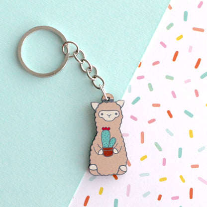 Cactus Alpaca Wooden Keychain - Sustainable Gift - Llama Gift by Wild Whimsy Woolies