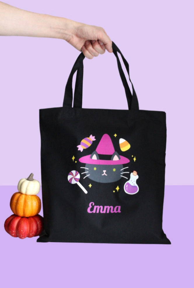 Personalized Cat Witch Halloween Trick or Treat Tote Bag - FREE SHIPPING by Wild Whimsy Woolies