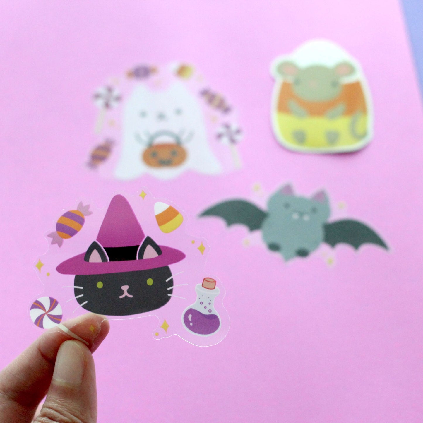 Halloween Clear Vinyl Sticker Set - Witch Cat, Cute Bat, Ghost Cat, Candy Corn Mouse Stickers