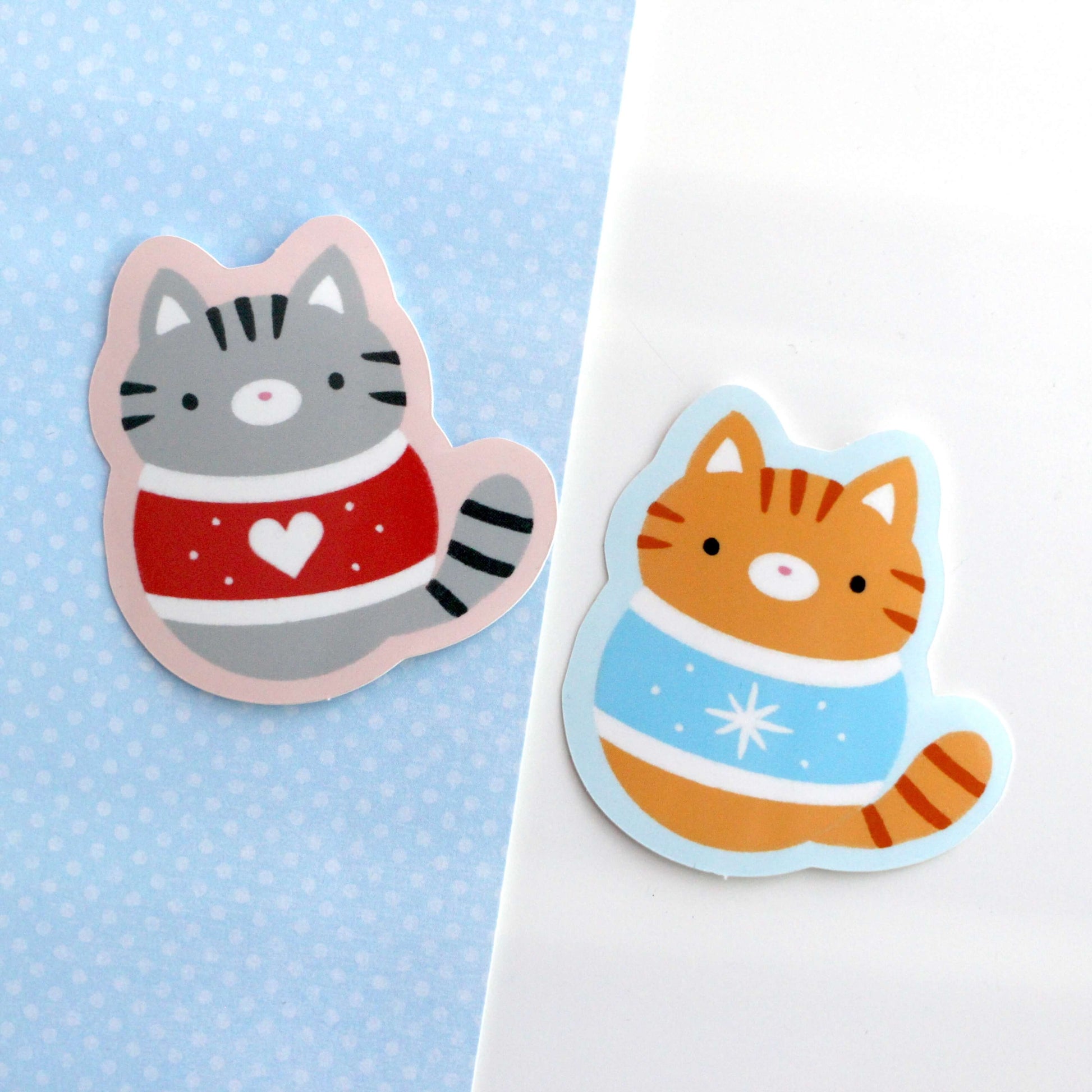 Christmas Sweater Cats Glossy Vinyl Stickers - Orange and Grey Tabby Cat Decals: Set of 2 Stickers (one Grey and one Orange Cat)