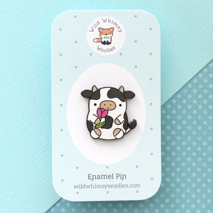 Cow Enamel Pin. Cute Cow Holding a Tulip. Kawaii Cow Pin by Wild Whimsy Woolies