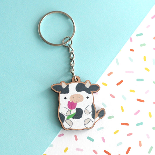 Cow Wood Keychain - Animal Wooden Keyring - Sustainable Purse Charm