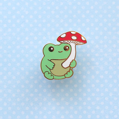 Green Frog with Mushroom Enamel Pin: Gold Plating
