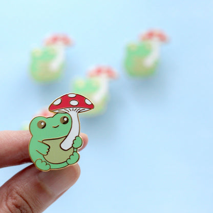 Green Frog with Mushroom Enamel Pin