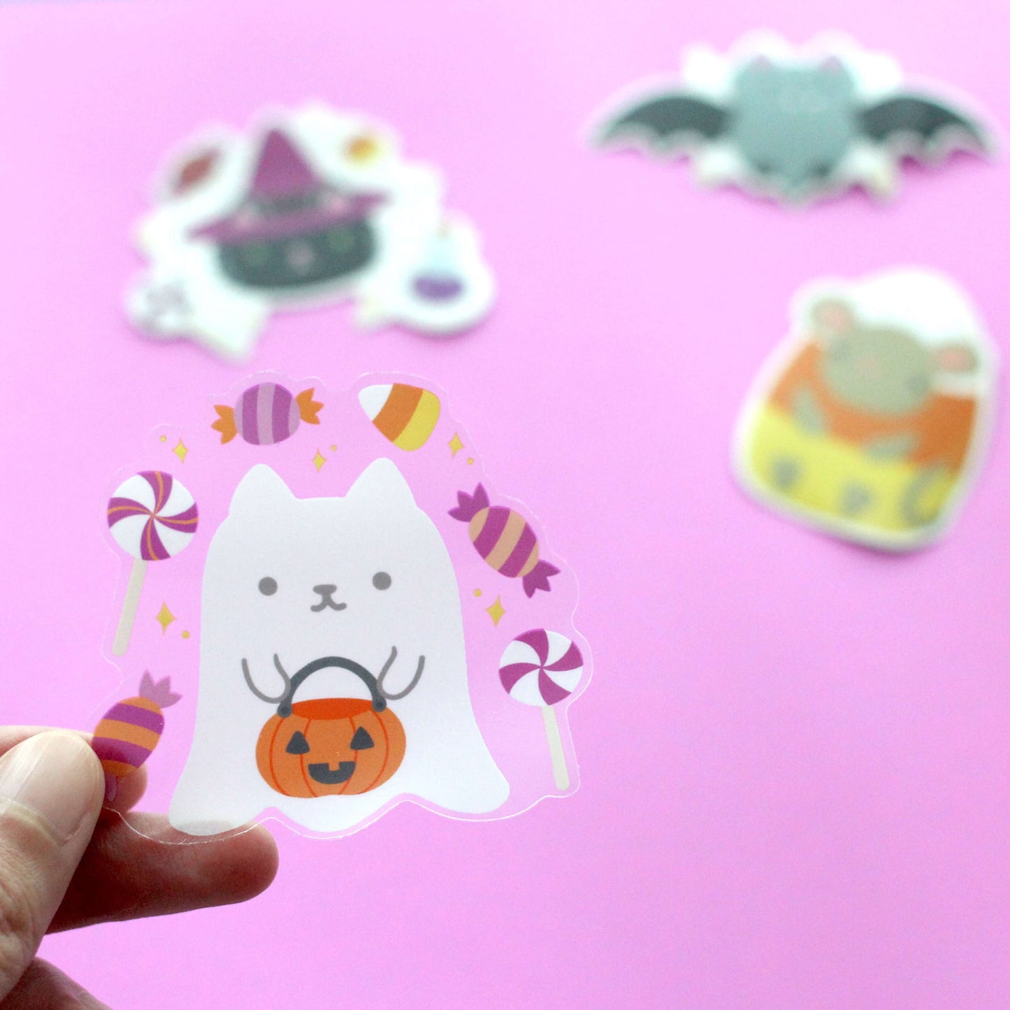 Halloween Clear Vinyl Sticker Set - Witch Cat, Cute Bat, Ghost Cat, Candy Corn Mouse Stickers