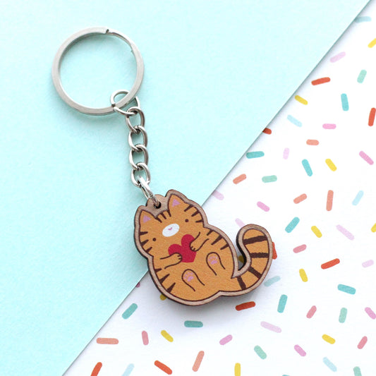 Orange Tabby Cat Wooden Keychain - Sustainable Gift - Cute Keychain