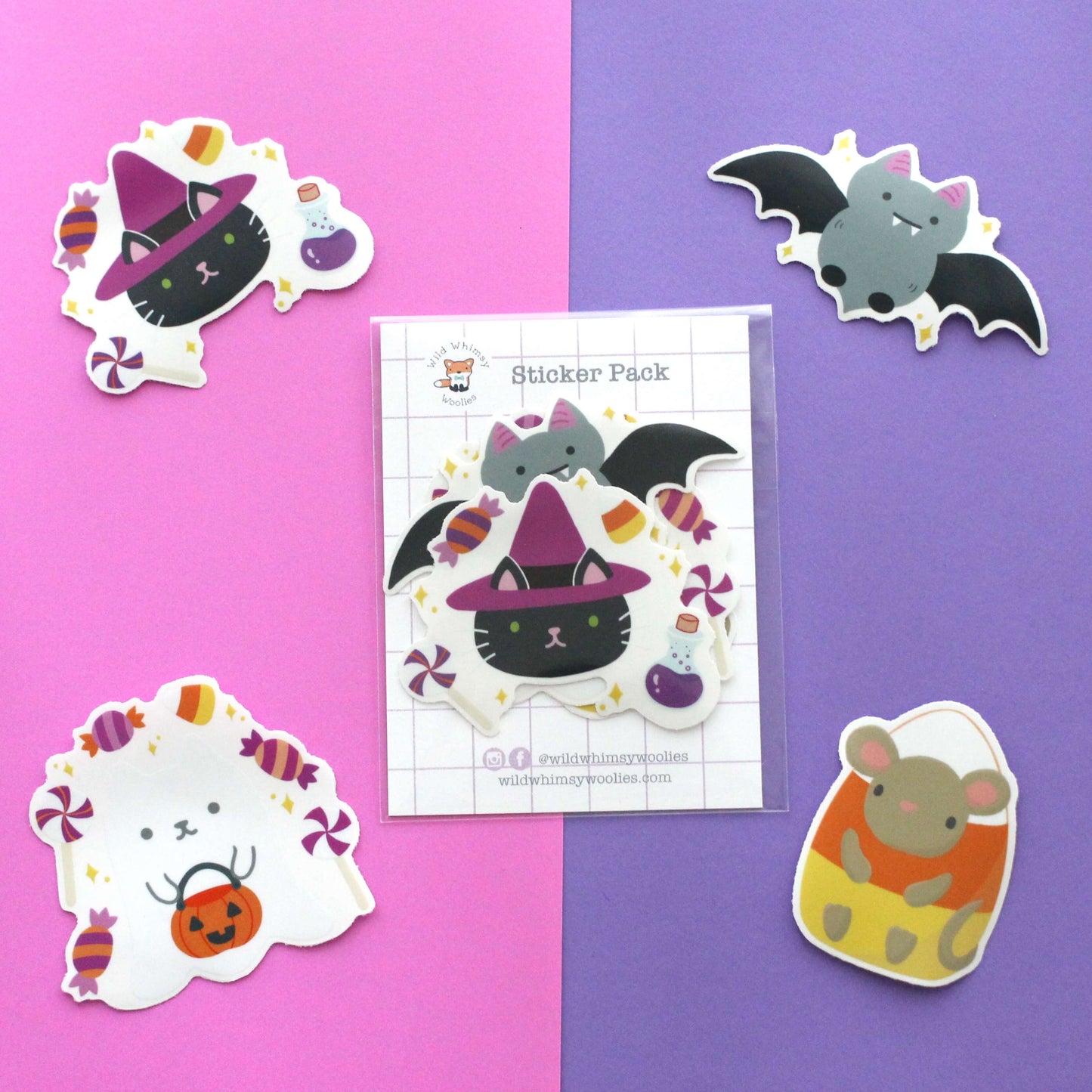 Halloween Clear Vinyl Sticker Set - Witch Cat, Cute Bat, Ghost Cat, Candy Corn Mouse Stickers